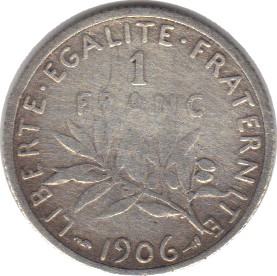 1906 - Philatelie - pièce de monnaie française en argent - 1 franc
