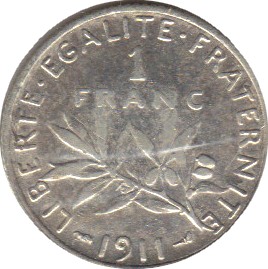 1911 - Philatelie - pièce de monnaie française en argent - 1 franc