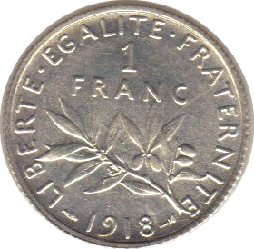 1918 - Philatelie - pièce de monnaie française en argent - 1 franc