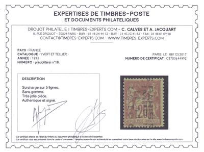 Certficat Préo 18 - Philatelie - timbre de France Préoblitéré - certificat Calves - timbre de France de collection