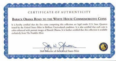 Certificat recto - Philatélie 50 - pièces de monnaies des Etats Unis sur Barack OBAMA - pièces de collection