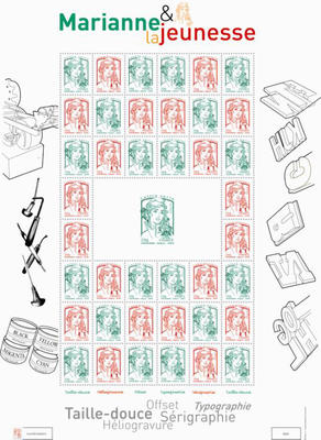 Feuille Marianne - Philatelie - feuille de timbres Marianne et la Jeunesse