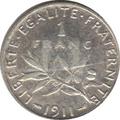 1911 - Philatelie - pièce de monnaie française en argent - 1 franc