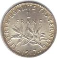 1917 - Philatelie - pièce de monnaie française en argent - 1 franc