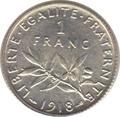 1918 - Philatelie - pièce de monnaie française en argent - 1 franc