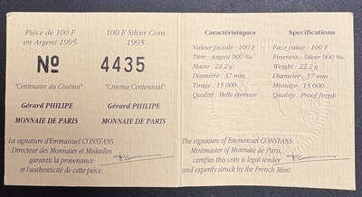 100F1995-BE-G.Philipe, Philatélie 50, coffret pièce 100 Francs argent 1995, Monnaie de paris, centenaire du Cinéma, Gérard Philipe