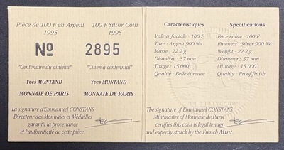 100F1995-BE-Montand, Philatélie 50, coffret pièce 100 Francs argent 1995, Monnaie de paris, centenaire du Cinéma, Yves Montand