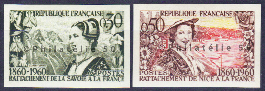 1246-1247 timbres de France non dentelés Philatélie 50 timbres de collection Yvert et Tellier Centenaire du rattachement du duché de Savoie et du comté de Nice 1960
