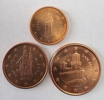 1.2.5centSMAR2004 -Philatélie 50 - Pièces euros Saint Marin 2004 - 1, 2 et 5 centimes