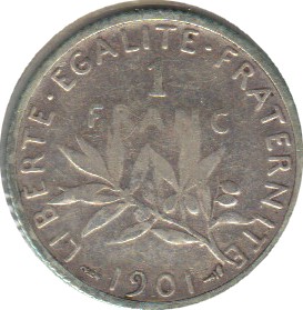 1901 - Philatelie - pièce de monnaie française en argent - 1 franc