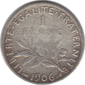 1906 - Philatelie - pièce de monnaie française en argent - 1 franc
