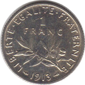 1913 - Philatelie - pièce de monnaie française en argent - 1 franc