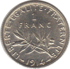 1914 - Philatelie - pièce de monnaie française en argent - 1 franc