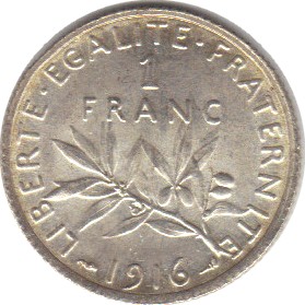 1916 - Philatelie - pièce de monnaie française en argent - 1 franc