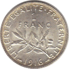 1916 - Philatelie - pièce de monnaie française en argent - 1 franc