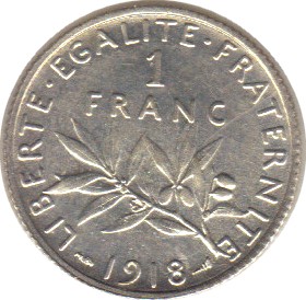1918 - Philatelie - pièce de monnaie française en argent - 1 franc