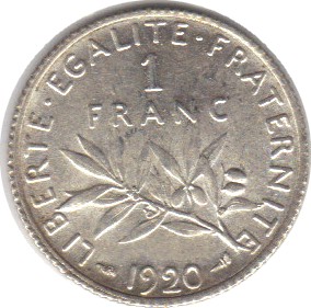 1920 - Philatelie - pièce de monnaie française en argent - 1 franc