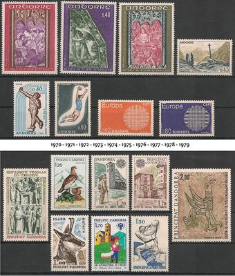 1970 à 1979 - Philatélie - Années complètes de timbres d'Andorre 1970 à 1979 - Timbres de collection