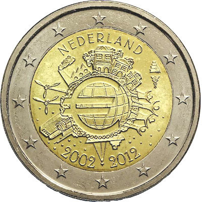 2 € Pays Bas 2012 - Philatélie - pièce de deux euros commamorative 10 ans de l'euro - pièce de monnaie de collection