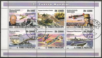 2GSTTOME2008TRANSPORTS - Philatelie - Série de 6 timbres de Saint Tomé et Principe sur la seconde guerre mondiale - Timbres de guerre