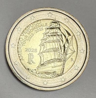 2€ITA2025VESPUCCI, Philatélie 50, Pièce de 2 € d'Italie 2025, Amerigo Vespucci