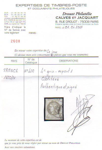 41A certificat - Philatelie - timbre de France Classique