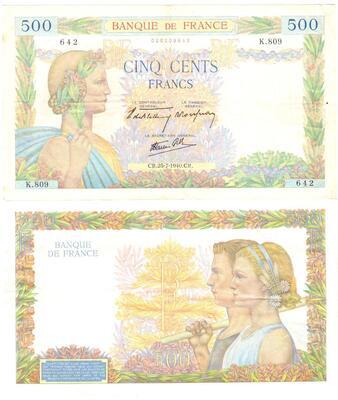 500FLAPAIX, Philatélie 50, Billet de banque de France, 500 Francs Type La Paix