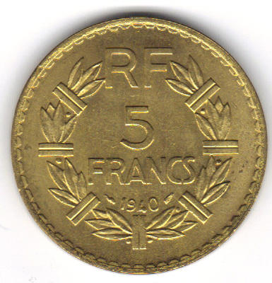 5F 1940 - Philatelie - pièce de monnaie française 5 francs - pièce de monnaie de collection