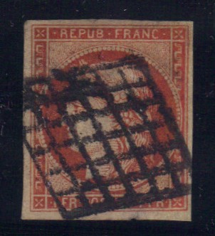 7 - Philatelie - timbre de France Classique N° 7 - 1 franc Vermillon