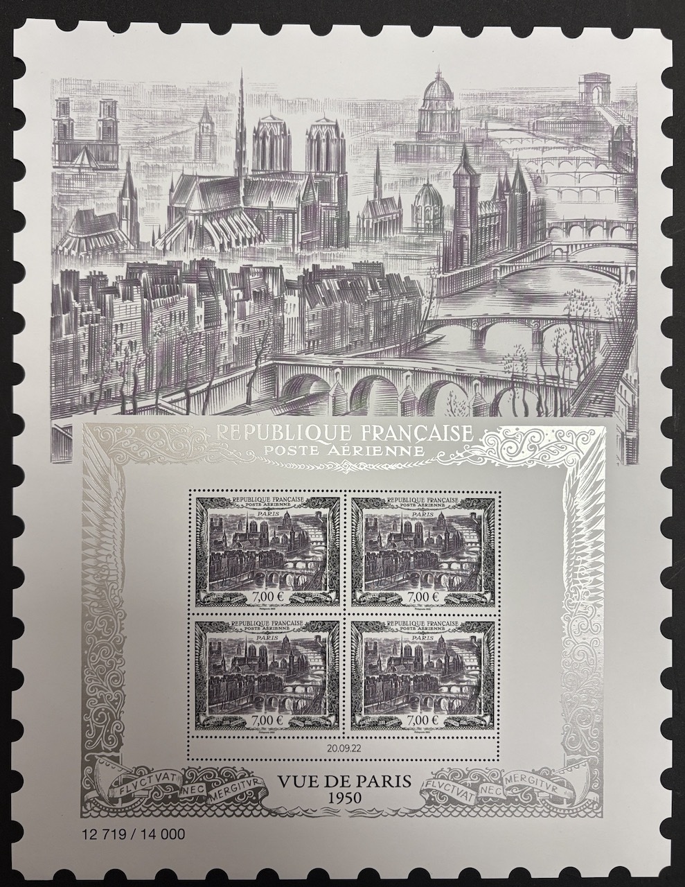 AFFPA93A, philatélie 50, Affiche Poste Aérienne France 2022 Vue de Paris 1950 Paris AFF 93 avec bloc de 4 timbres neufs datés, PA29