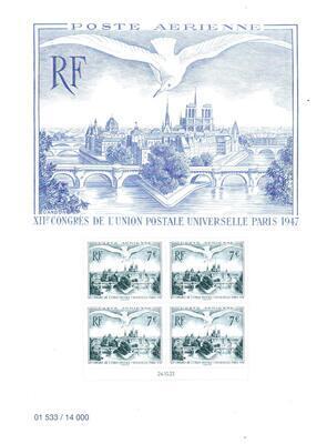 AFFPA96A, philatélie 50, Affiche Poste Aérienne France 2023 Congres UPU 1947 Paris AFF 96 avec bloc de 4 timbres neufs datés, PA20