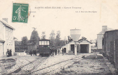 CPA50SME24101715 - Philatelie - Carte postale ancienne de la Gare et Tramway de Sainte-Mère-Eglise - Cartes postales anciennes de collection