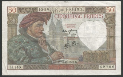 F19/17/42799 - Philatélie 50 - Billet 50 francs JACQUES COEUR 1941 SUP