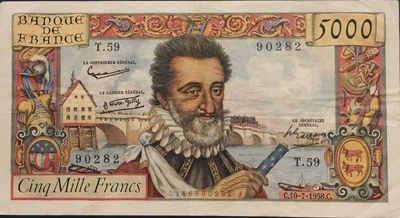 F49/7/90282T59 - Philatelie 50 - Billet de 5000 Francs Henri IV 1958