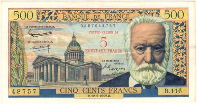 F52/02/48757, Philatélie 50, Billet de Banque de France 5 Victor Hugo 5 Nouveaux francs sur 500 Francs, 12/02/1959