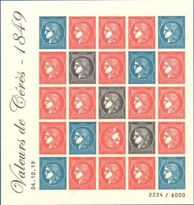 F5361A, Philatélie 50, Bloc feuillet Cérès 2019, F5361A, Tête Bêche, rouge, bleu noir, 1849
