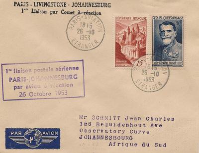 LETTRE-PARIS-JOHANNESBURG - Philatélie - Lettre de collection premiere liaison postale aérienne paris-johannesburg - Timbres sur lettre