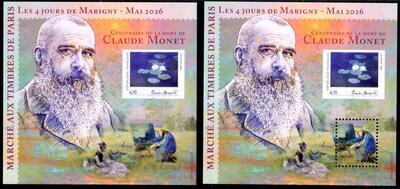 MARIGNY38, Philatélie 50, paire de blocs Marigny 2026, centenaire de la mort de Claude Monet, Marché aux timbres de Paris, Les 4 jours de Marigny, Mai 2026