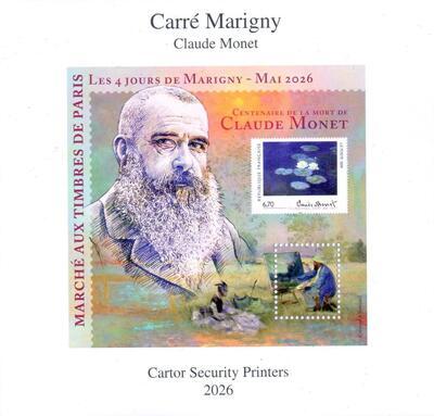 MARIGNY38LX, Philatélie 50, bloc feuillet de luxe, Marigny 2026, centenaire de la mort de Claude Monet, Marché aux timbres de Paris, Les 4 jours de Marigny, Mai 2026