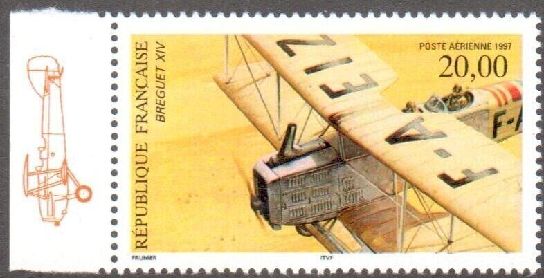 PA61a, Philatélie 50, Timbre de France Poste Aérienne N°61a avec marge illustrée, 1997, Breguet XIV