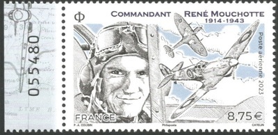 PA95a - Philatélie 50 - Timbre de France Poste Aérienne N° 95a - 80° anniversaire de la mort de René Mouchotte avec marge illustrée