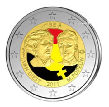 Pièce 2 € Belgique 2011 colorée - Philatélie 50 - pièce de monnaie commémorative 2 euros Belgique 2011 - pièce de monnaie de collection en couleur