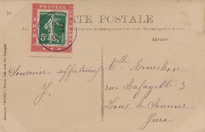 RFPUB137surCPA-Dieuprotège - Philatélie - Timbre N° Yvert et Tellier 137 sur porte timbre Dieu protège la France sur carte postale ancienne - Timbre publicitaire