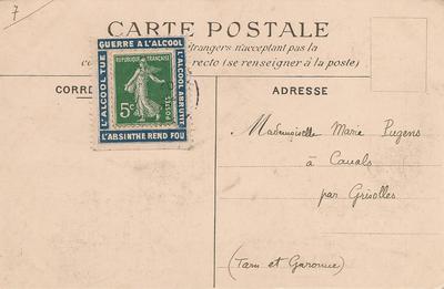 RFPUB137surCPA-Guerrealcool - Philatélie - Timbre N° Yvert et Tellier 137 sur porte timbre Guerre à l'alcool sur carte postale ancienne - Timbre publicitaire