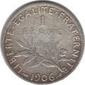 1906 - Philatelie - pièce de monnaie française en argent - 1 franc