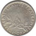 1907 - Philatelie - pièce de monnaie française en argent - 1 franc
