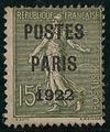 Timbre France Préoblitérés Yvert 30 semeuse poste Paris 1922 5c orange neuf  * avec charnière