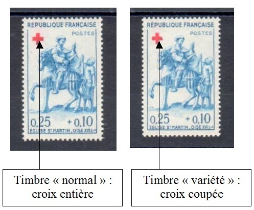 VAR1279-2 - Philatelie - timbre de France Croix Rouge avec variété