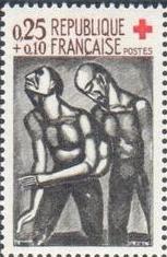 VAR1324a, Philatélie 50, timbres de France variété N°1324, signature maculée, croix rouge de 1960, Georges Rouault