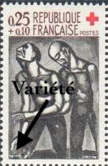 VAR1324a, Philatélie 50, timbres de France variété N°1324, signature maculée, croix rouge de 1960, Georges Rouault